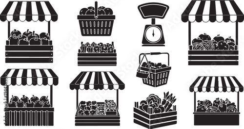 Black and white illustration of various market stalls icons