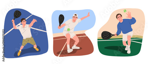Flat vector illustration set of male padel players in action on a court. Perfect for sports graphics, padel club promotions, fitness content, training materials, and active lifestyle designs.