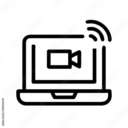 Laptop displaying video camera icon with wireless signal indicator isolated on white background, Vector