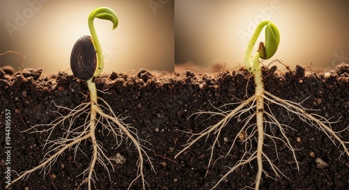 Two seedlings, one with a green shoot and the other with a yellow shoot, growing from the same seed in soil with roots visible, set against a blurred background.