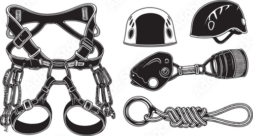 Climbing gear and safety equipment illustration set in black
