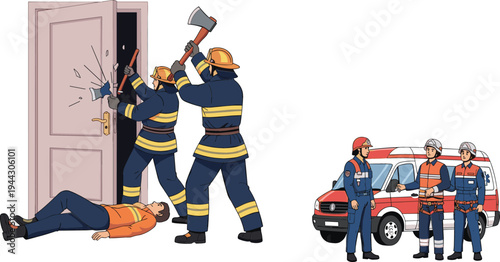 Vector Illustration Set of Firefighters Breaking Down Door for Rescue, Emergency Response, and Ambulance Team