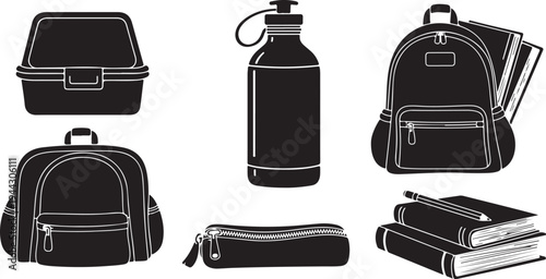 School supplies and accessories in black and white illustration