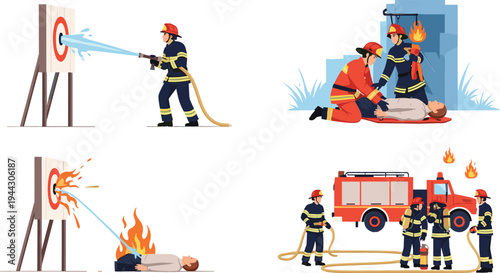 Vector Illustration Set of Firefighters in Action, Including Fire Extinguishing, Rescue Missions, and Firefighting Training