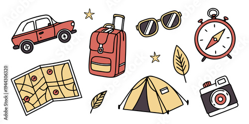 A collection of various road signs, vehicles, and camping equipment scattered around