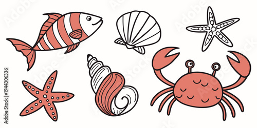 A delightful collection of various sea creatures including a fish, starfish, seashell, snail, and crab