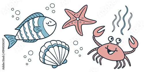 A colorful illustration of various sea creatures including a fish, starfish, seashells, and a crab.