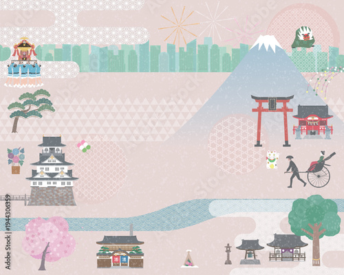 江戸東京のレトロな季節の風物、建物のイラスト背景	