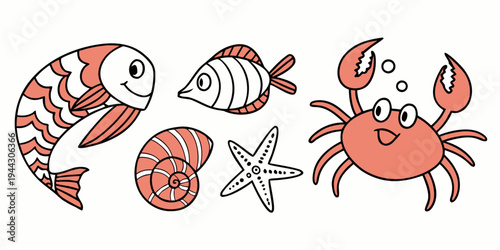 A delightful illustration of various sea creatures including fish, crab, starfish, and seashell