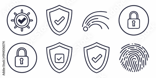 Assorted icons representing security, protection, and authentication