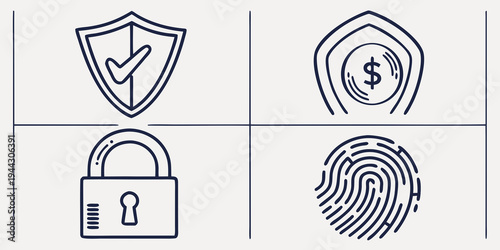 Four icons representing security, payment, privacy, and biometric authentication