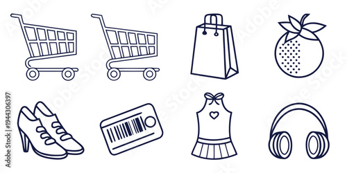 A collection of various items including shopping carts, shopping bags, and clothing.