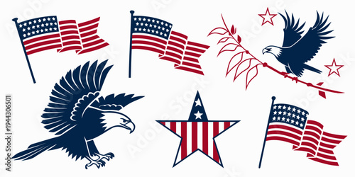 A collection of american flags and bald eagles in various poses and designs.