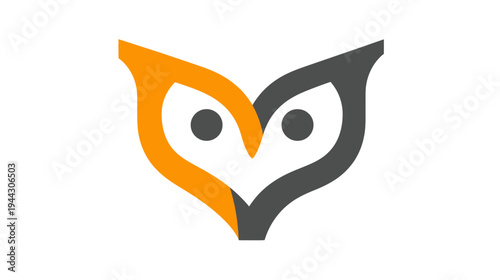Stylized symmetrical design featuring opposing shapes, in gray, and orange, with dark circles