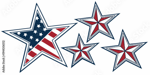 Four stars with red white and blue stripes and white dots on a transparent background