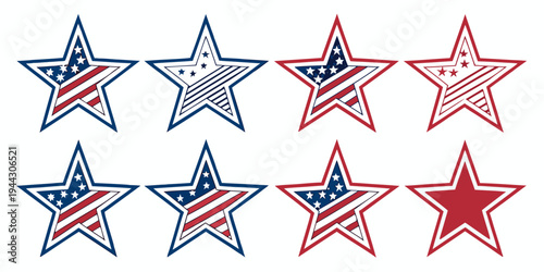 A collection of blue and white stars with red centers arranged in a circular pattern.