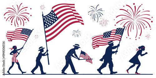 Group of people holding american flags and celebrating with fireworks in the background