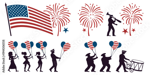 A diverse group of people celebrating independence day with flags and fireworks