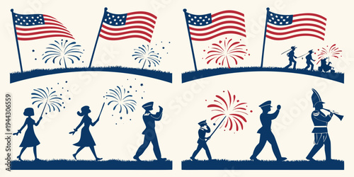 A diverse group of people marching with flags and fireworks in the background