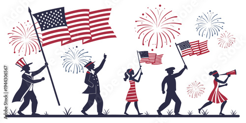 People marching with american flags and fireworks in the background celebrating independence day