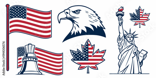 Patriotic symbols including the american flag, bald eagle, and statue of liberty