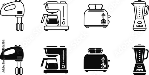 Editable outline icons of kitchen appliances in black and white for design projects
