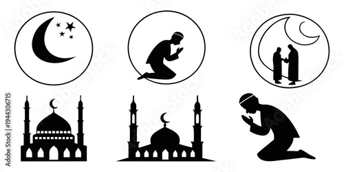 Islamic symbols and prayer scenes depicting faith and devotion