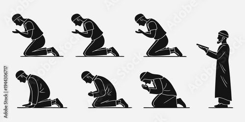 Silhouettes of people performing various stages of the islamic prayer ritual