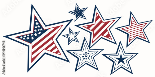 A vibrant collection of stars adorned with red, white, and blue stripes and patterns.