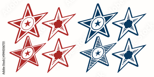 A collection of red and blue stars with white outlines and white centers