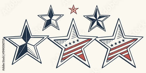 Five stars with different colors and patterns on a white background