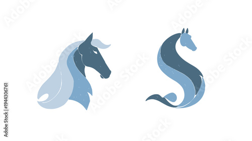 Two stylized illustrations of equine forms. One is a horse head and the other a sea creature