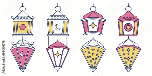 A collection of seven colorful paper lanterns with intricate designs and patterns.