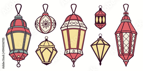 A collection of five vintage lanterns with intricate designs and hanging loops