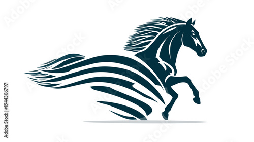 A stylized image of a horse in motion, depicted in a dark teal on a bright white background