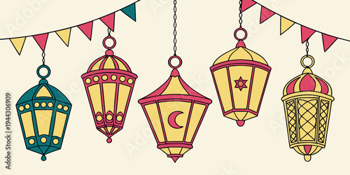 Colorful lanterns and bunting flags hanging in a festive celebration setting