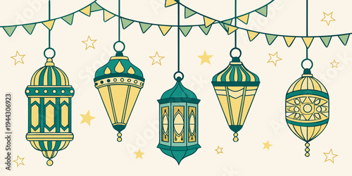 Colorful lanterns hanging from strings with decorative ornaments and leaves