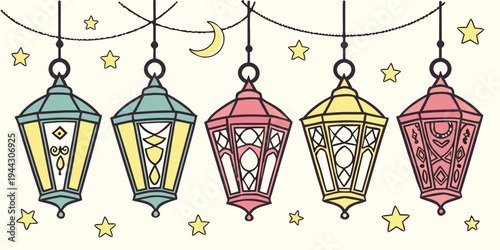 Colorful lanterns hanging from strings with decorative elements in the background