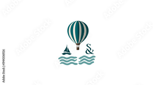 A simple, elegant nautical logo with a hot air balloon, sailboat, waves, and an ampersand