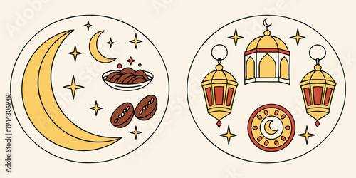Two circular illustrations featuring crescent moon and coffee beans, and lanterns and clock