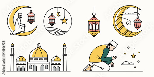 A collection of islamic symbols, including a mosque, crescent moon, and star
