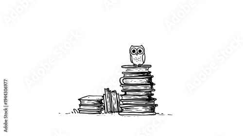 Black and white illustration of an owl perched atop a stack of books, in a simple style