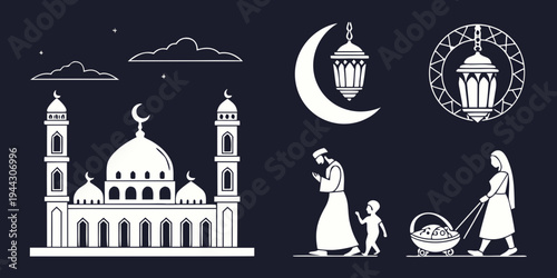 A mosque with a crescent moon, stars, and a clock tower, surrounded by various symbols and figures