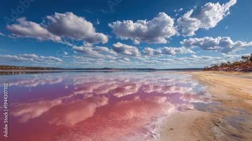 Vibrant pink salt lake reflecting blue sky and white clouds, scenic natural landscape and travel destination concept.