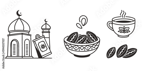 A collection of items representing the islamic religion and culture including a mosque, crescent moon, prayer beads, coffee and beans
