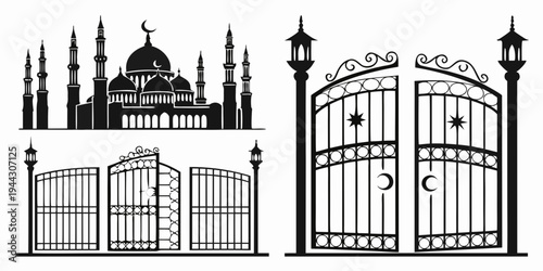 A collection of various ornate gates and a mosque in a stylized illustration