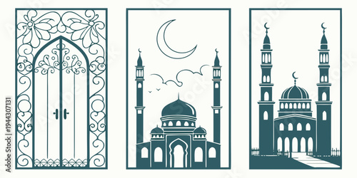 Illustration of three different architectural structures with a crescent moon