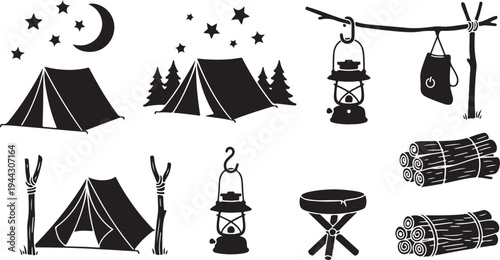Camping icons set with tent, lantern, and outdoor gear