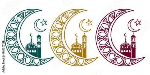 A vibrant illustration of four crescent moons in different colors and patterns