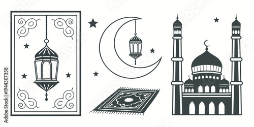 Islamic religious items including a mosque, prayer rug, crescent moon, and lantern